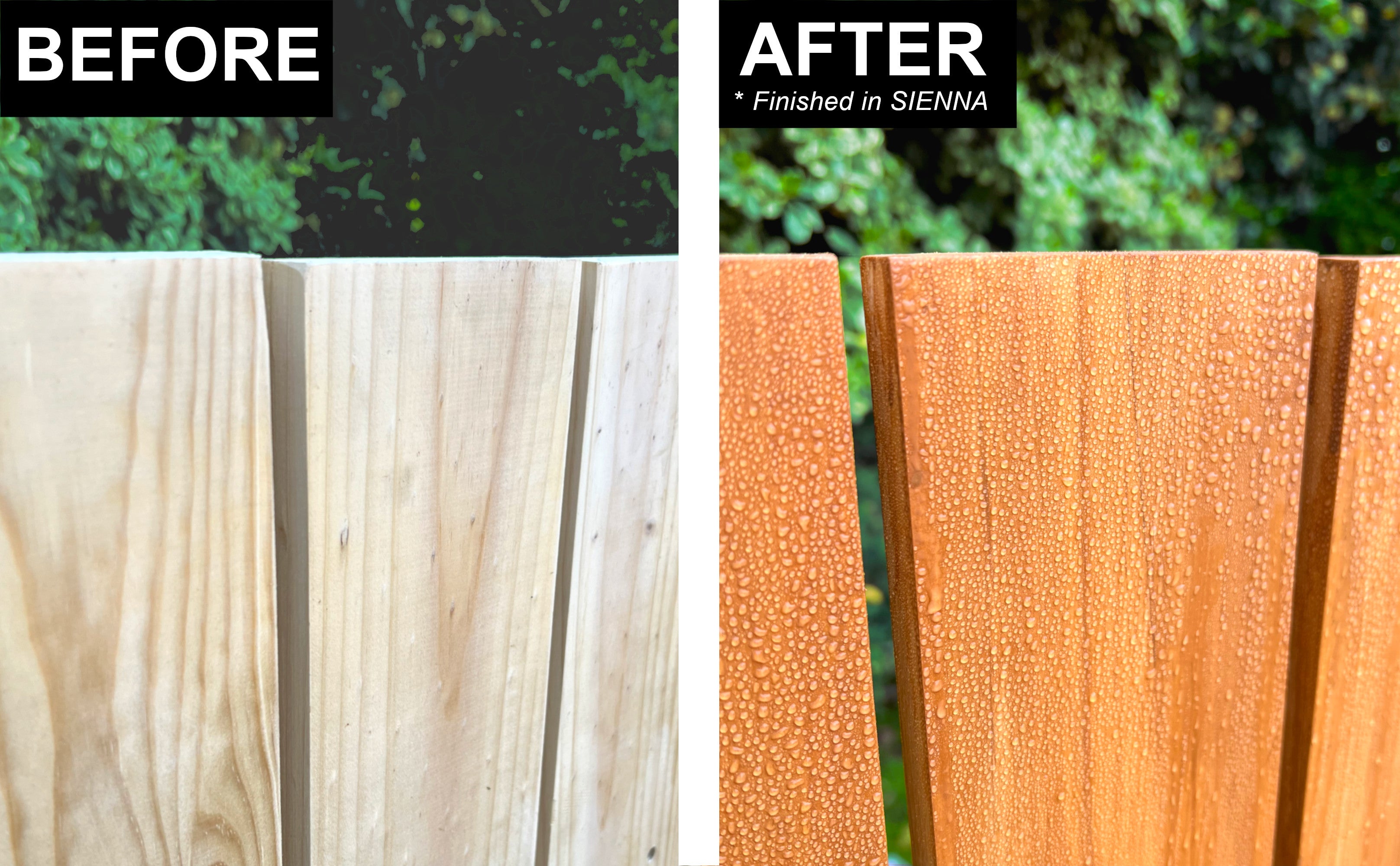 Comparison of wood fence surface before and after applying van votz varnish stain in SIENNA semi-transparent color