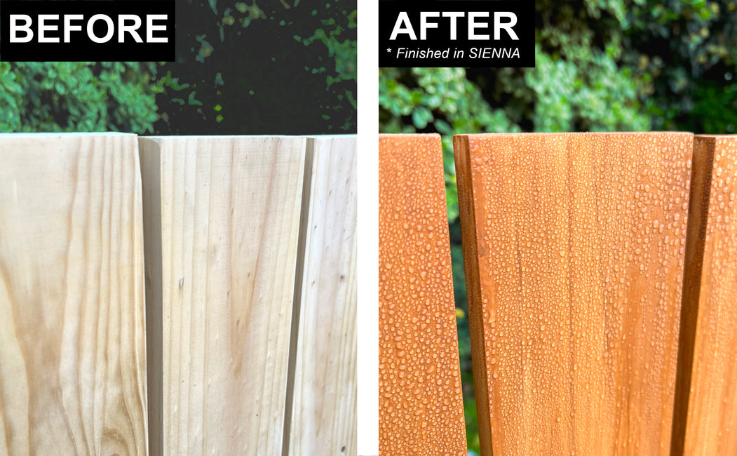 Comparison of wood fence surface before and after applying van votz varnish stain in SIENNA semi-transparent color